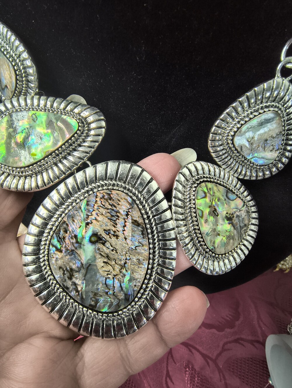 Natural Abalone Shell Statement Necklace & Earrings Set NWT Rhodium Plated Silve - Picture 8 of 9